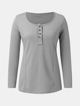 Gray Ribbed Long Sleeve Henley Shirt for Women