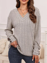 Gray Ribbed V Neck Sweater with Buttoned Cuffs for Women