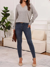 Gray Ribbed V Neck Sweater with Buttoned Cuffs for Women