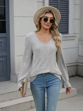 Gray Ribbed V Neck Sweater with Ruffle and Lace Detail Gray