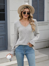 Gray Ribbed V Neck Sweater with Ruffle and Lace Detail
