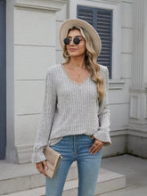 Gray Ribbed V Neck Sweater with Ruffle and Lace Detail