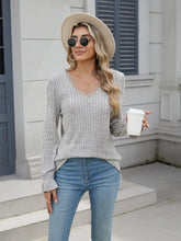 Gray Ribbed V Neck Sweater with Ruffle and Lace Detail Woman T Shirts