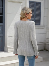 Gray Ribbed V Neck Sweater with Ruffle and Lace Detail