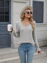 Gray Ribbed V Neck Sweater with Ruffle and Lace Detail