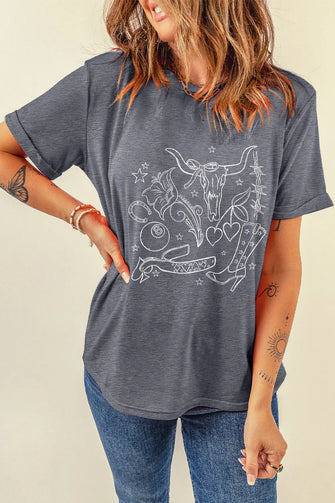 Gray Rolled Sleeve Graphic Tee for Women Gray