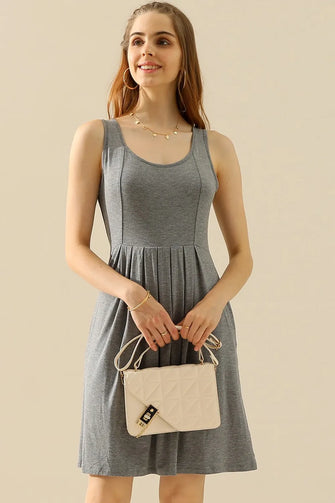Gray Round Neck Ruched Sleeveless Dress with Pleated Skirt and Pockets H GREY