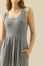 Gray Round Neck Ruched Sleeveless Dress with Pleated Skirt and Pockets