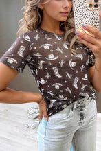 Gray Sheer Cowboy Print Western T-Shirt for Women