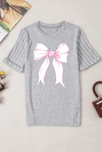 Gray Short Sleeve T Shirt with Pink Bow for Women Gray