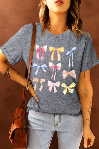 Gray Short-Sleeved T-Shirt with Colorful Bow Print for Women Dark Gray