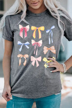 Gray Short-Sleeved T-Shirt with Colorful Bow Print for Women Woman T Shirts