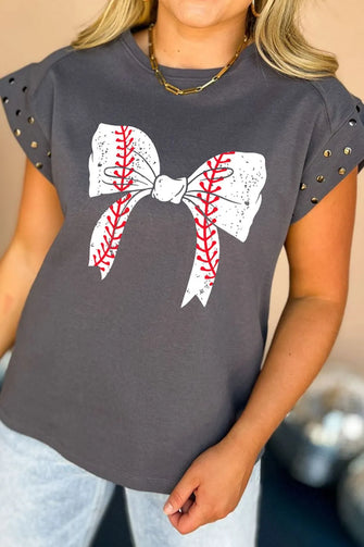Gray Sleeveless Shirt with Baseball Bow Graphic for Women Dark Gray