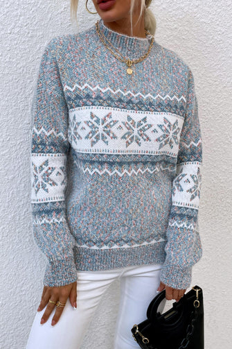 Gray Snowflake Patterned Knit Sweater Cloudy Blue