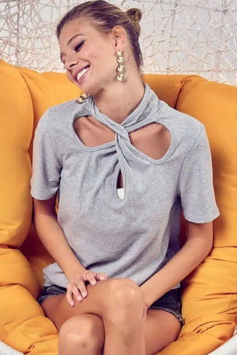 Gray Soft Rib Knit Twist Neck Detailed Top GREY Woman T Shirts