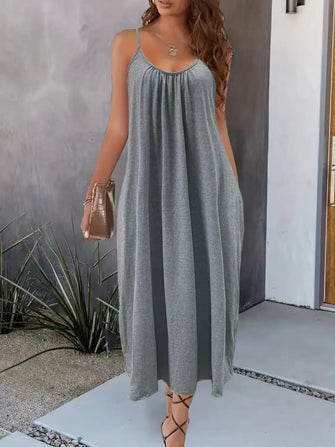Gray Spaghetti Strap Maxi Slip Dress with Pockets Gray