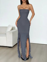 Gray Spaghetti Strap Maxi Dress with Ruffled Slits Maxi Dresses
