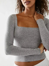 Gray Square Neck Long Sleeve Top for Women Light Gray