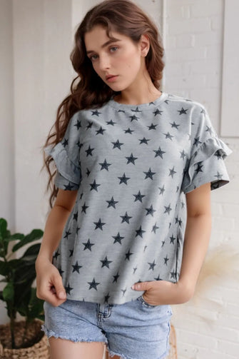 Gray Star-Patterned Ruffle Sleeve Top for Women Gray