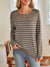 Gray Striped Long Sleeve Shirt with Decorative Buttons for Women