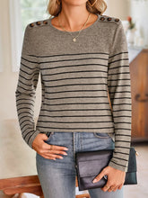 Gray Striped Long Sleeve Shirt with Decorative Buttons for Women