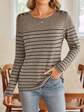 Gray Striped Long Sleeve Shirt with Decorative Buttons for Women Taupe