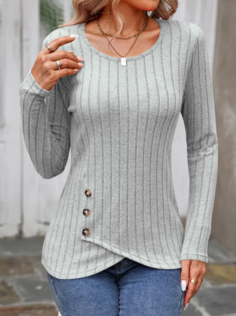 Gray Striped Long Sleeve Top with Decorative Button Detail Gray