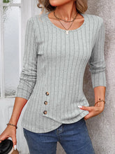 Gray Striped Long Sleeve Top with Decorative Button Detail