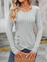 Gray Striped Long Sleeve Top with Decorative Button Detail