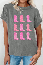 Gray Striped T Shirt with Pink Cowboy Boot Print Dark Gray