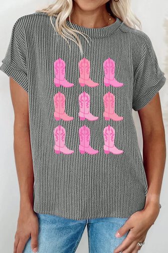 Gray Striped T Shirt with Pink Cowboy Boot Print Dark Gray