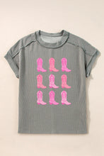 Gray Striped T Shirt with Pink Cowboy Boot Print