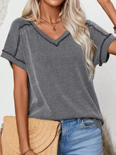 Gray Striped V-Neck T-Shirt with Exposed Seam for Women Dark Gray