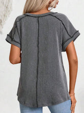 Gray Striped V-Neck T-Shirt with Exposed Seam for Women