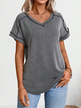Gray Striped V-Neck T-Shirt with Exposed Seam for Women