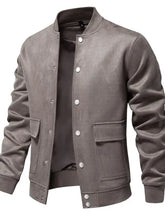 Gray Suede Button Up Bomber Jacket for Men Men Outerwear