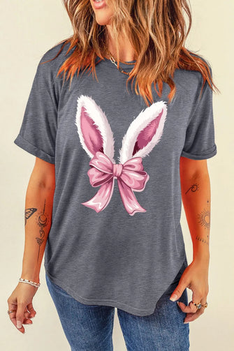 Gray T-Shirt with Bunny Ears and Pink Bow for Women Gray