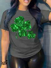 Gray T-Shirt with Glittery Green Shamrock Rolled Sleeves for Women Dark Gray