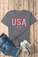 Gray USA design T-shirt for women with patriotic graphic on dark gray fabric