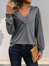 Gray V-Neck Blouse with Lace Long Sleeves for Women Dark Gray