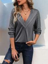 Gray V-Neck Blouse with Lace Long Sleeves for Women
