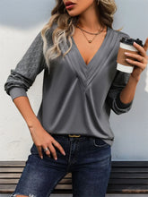 Gray V-Neck Blouse with Lace Long Sleeves for Women
