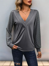 Gray V-Neck Blouse with Lace Long Sleeves for Women