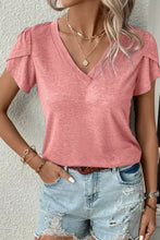 Gray V Neck Flutter Sleeve T-Shirt with Ruffled Sleeves and Distressed Denim Shorts