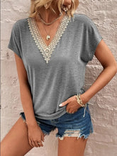 Gray V-Neck Lace Trim Cotton T-Shirt for Women