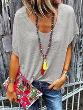 Gray V-Neck Short Sleeve Polyester T-Shirt with Beaded Necklace Gray