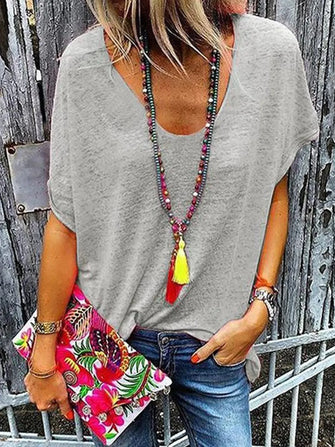 Gray V-Neck Short Sleeve Polyester T-Shirt with Beaded Necklace Gray