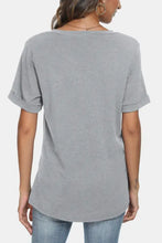Gray V-Neck Short Sleeve T-Shirt with Regular Sleeve Length and Rolled Cuffs