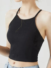 Black ribbed knit grecian neck cropped tank with thin straps and chest pads for stylish summer wear