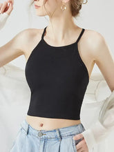Black ribbed knit grecian neck cropped tank with thin straps and chest pads for stylish summer wear